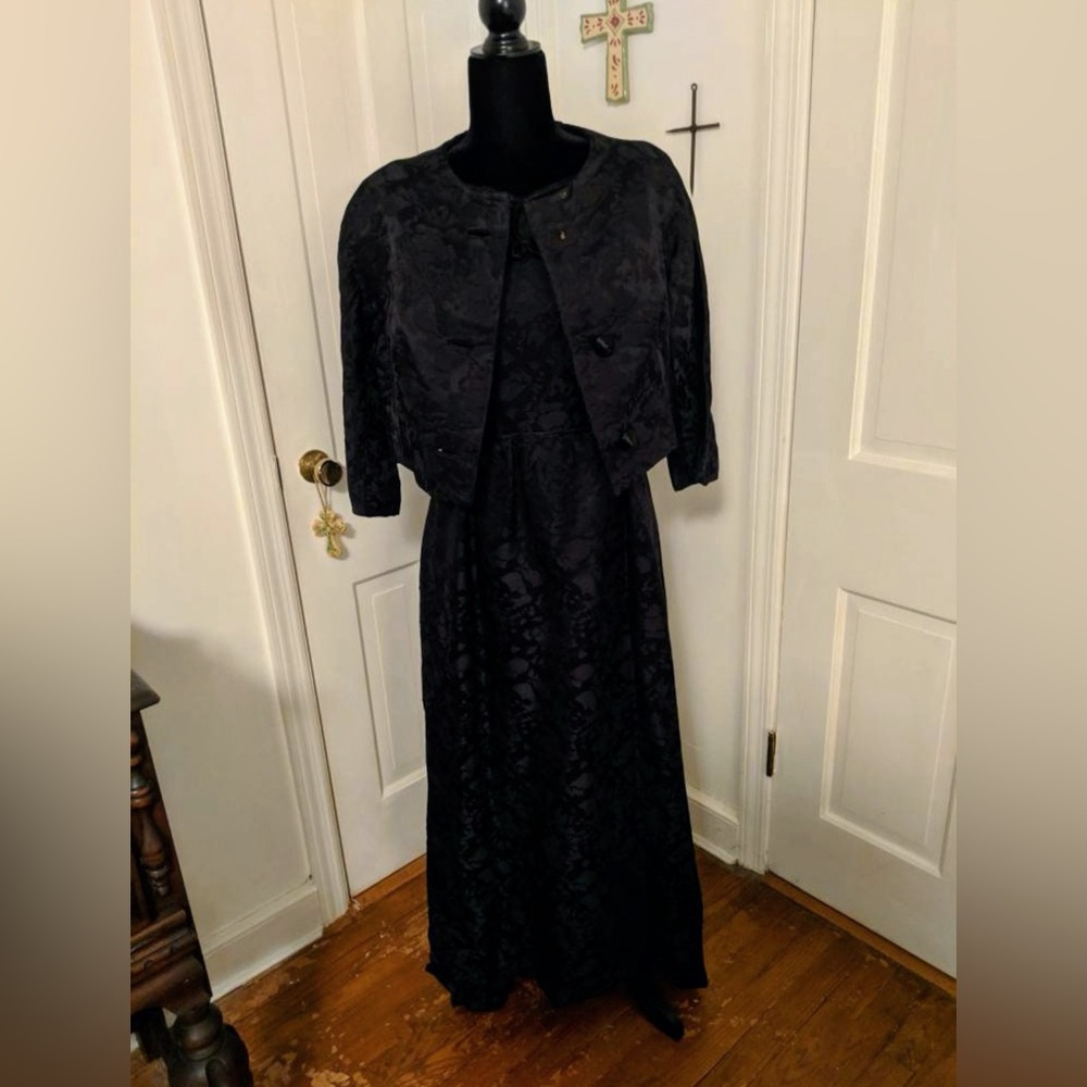 VINTAGE 1960's Henri Bendell Black Brocade Bolero Jacket Cocktail Dress